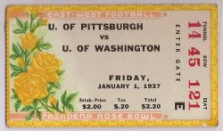 1937 Rose Bowl Ticket Stub Pittsburgh vs Washington Football