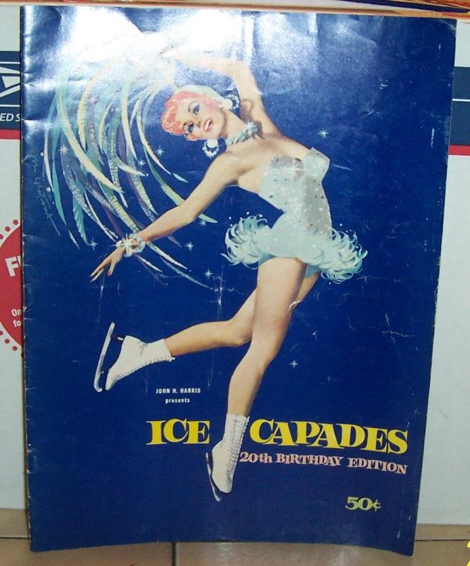Front cover of the 1959 Ice Capades 20th Birthday Edition souvenir program magazine showing a female figure skater on a deep blue background.