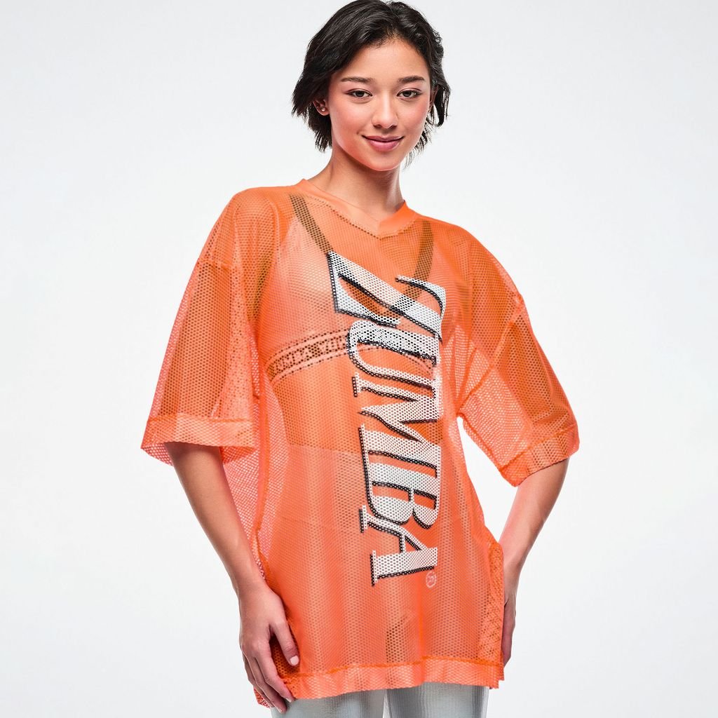                Zumba Dale-Z Oversized Mesh V-Neck Top - Orange You Hot