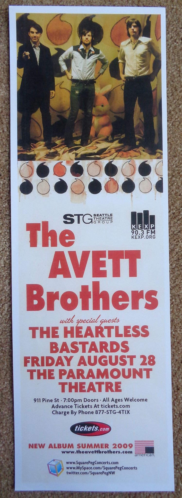 Image 0 of AVETT BROTHERS 2009 Gig POSTER 5x17 Seattle Washington Concert