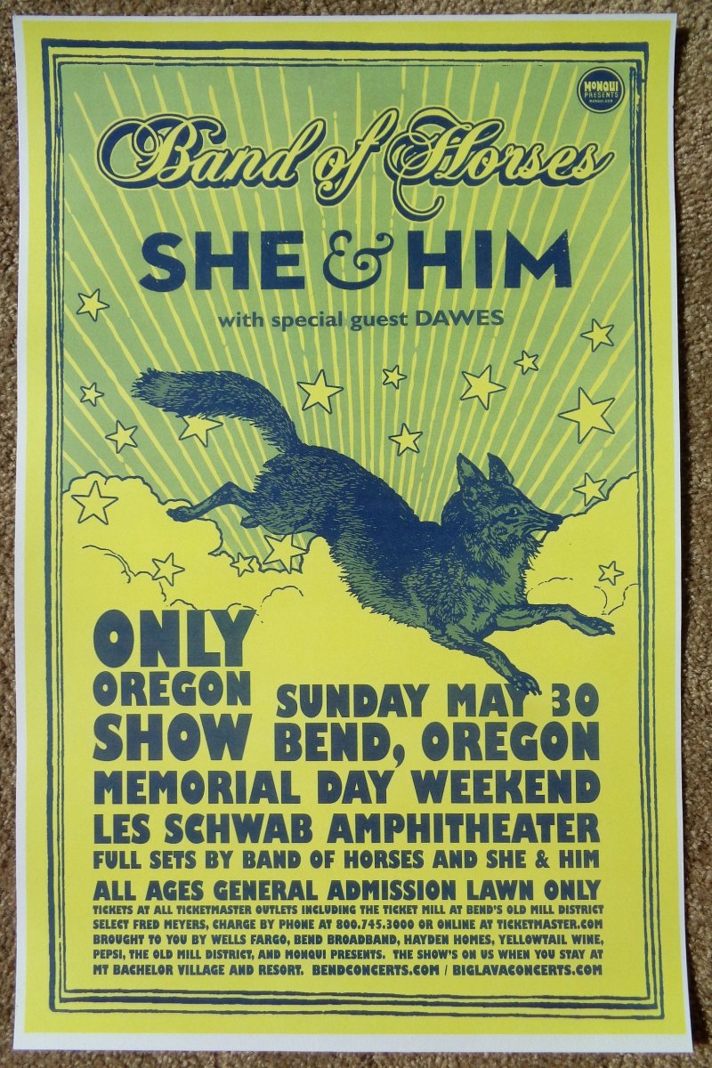 Image 0 of BAND OF HORSES / SHE & HIM 2010 Gig POSTER Bend Oregon Concert (Version 1)