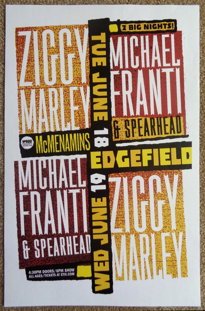 Marley ZIGGY MARLEY 2019 Gig POSTER Edgefield Oregon Concert FRANTI SPREARHEAD