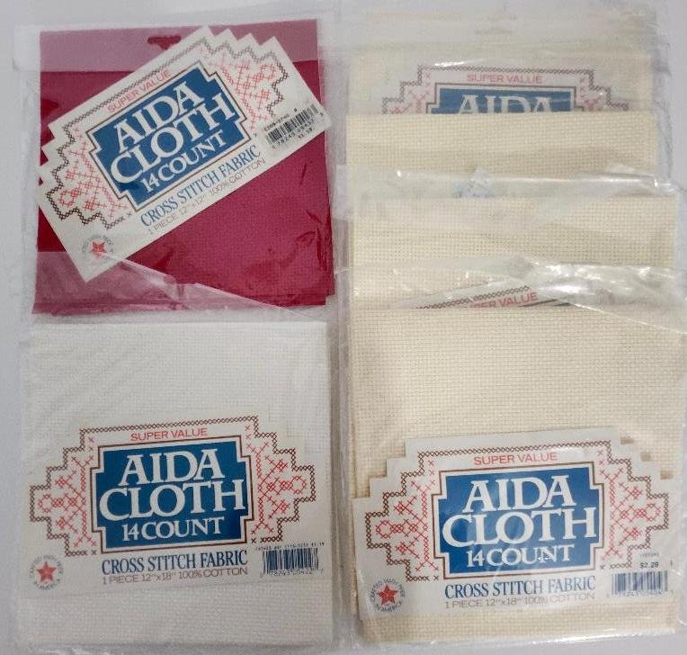 Aida Cross Stitch Cotton Fabric 14 Count 12 by 18 Lot Red White Beige