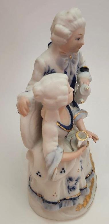Image 1 of Victorian Porcelain Colonial Figurine Romantic Couple Pitcher Teacup Blue White