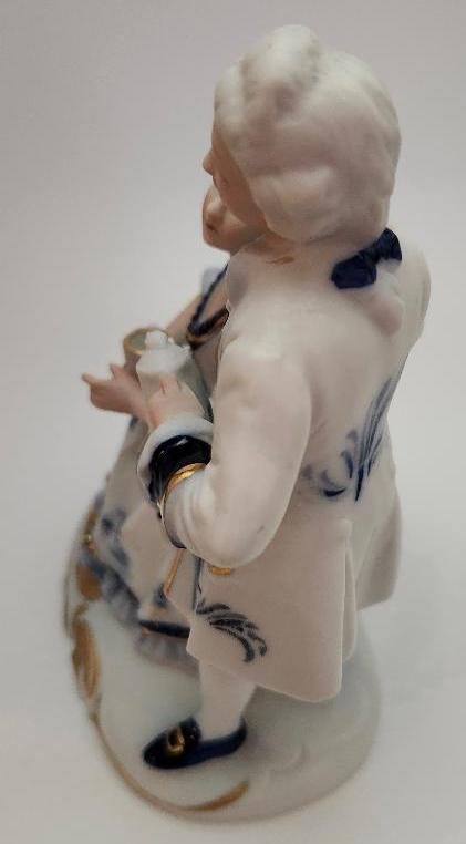 Image 2 of Victorian Porcelain Colonial Figurine Romantic Couple Pitcher Teacup Blue White