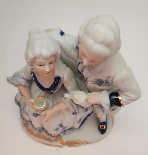 Image 3 of Victorian Porcelain Colonial Figurine Romantic Couple Pitcher Teacup Blue White