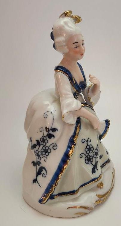 Image 1 of Ardco Victorian Porcelain Colonial Lady Figurine Holding Face Fan Blue White