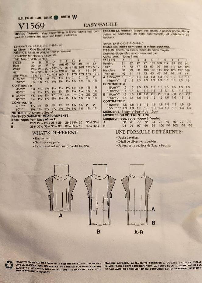 Image 1 of Today's Fit Sandra Betzina Vogue Sewing Pattern Womens 1569 All Sizes Tabard