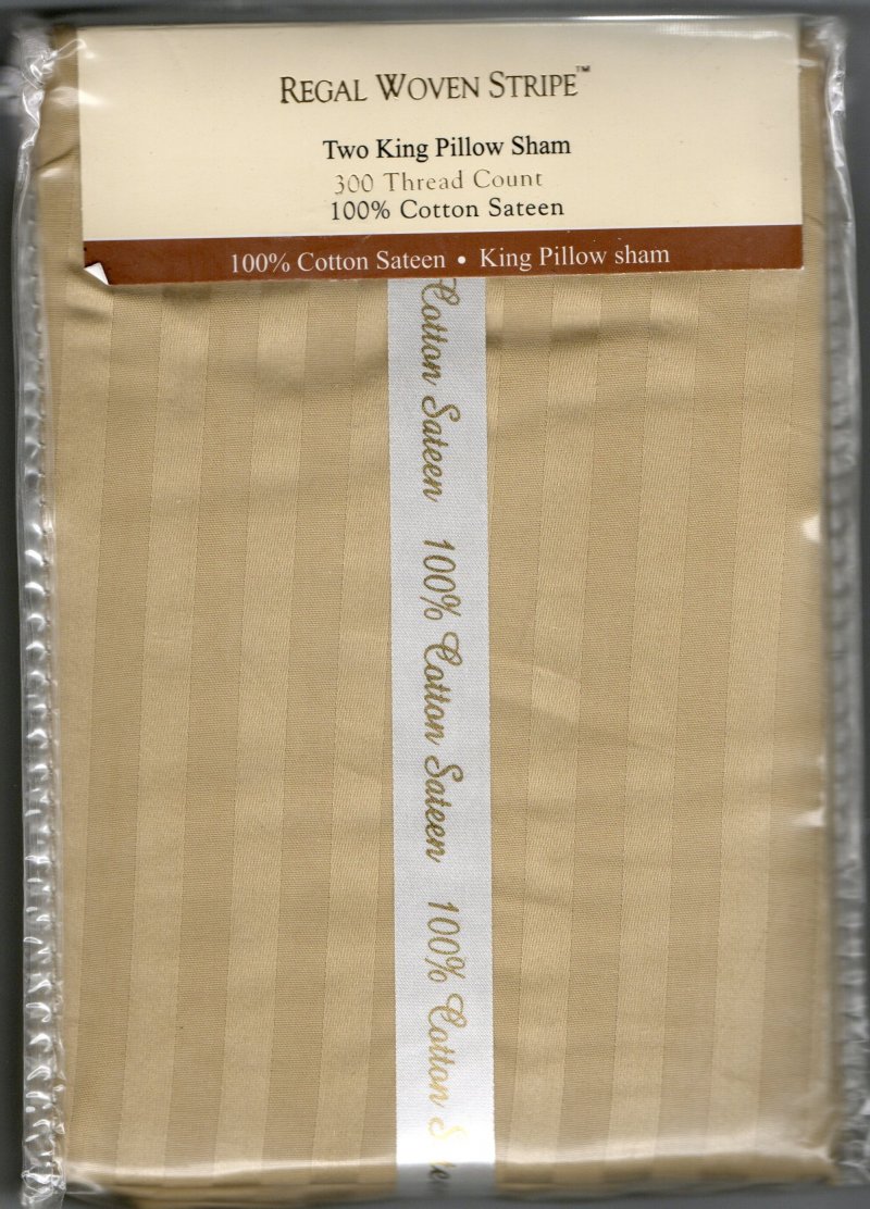 100% Cotton Pair Gold King Size Pillow Shams 300 Thread Count Gold Striped Regal
