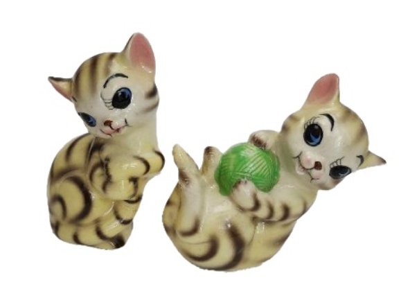Image 0 of Vintage Tabby Cats Salt and Pepper Shaker Set 1960s Yellow Brown Kittens Striped