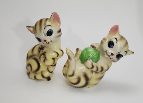 Image 1 of Vintage Tabby Cats Salt and Pepper Shaker Set 1960s Yellow Brown Kittens Striped