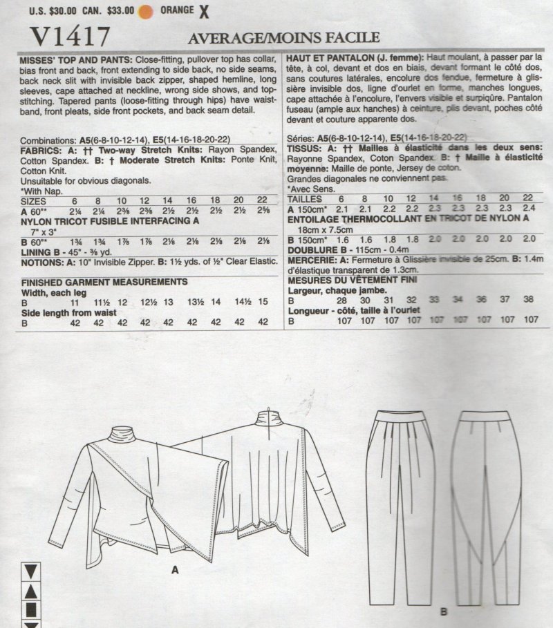 Image 1 of Vogue Sewing Pattern Misses Donna Karan 1417 Top Pant Outfit 6 8 10 12 14