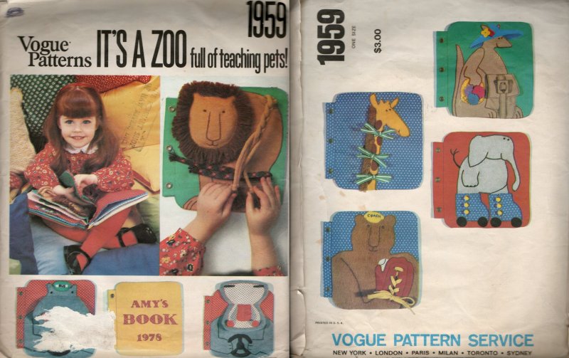 Kids Vintage Vogue Craft Sewing Pattern It's a Zoo 1959 Soft Book Teaching Pets
