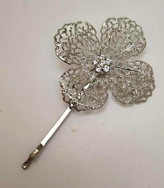 Vintage Hair Accessory Bobby Pin Filigree Silver Tone Flower Rhinestones Ladies