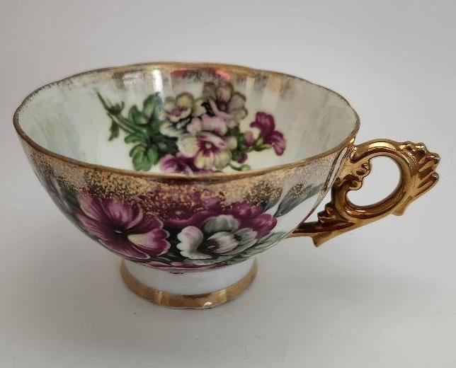 Vintage Tilso Teacup 3191 Floral Cup Purple Flowers Gold Gilt Footed Pearlescent