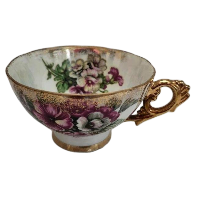 Image 0 of Vintage Tilso Teacup 3191 Floral Cup Purple Flowers Gold Gilt Footed Pearlescent
