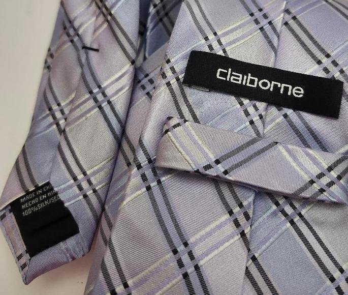Image 1 of Mens Pastel Tie Liz Claiborne Silk Necktie 52 Inches Purple Blue Black Striped