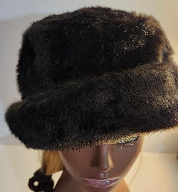 Image 2 of Laura Ashley Womens Hat Dark Brown Faux Fur Bucket Hat 8.25 8 1/4 Inches