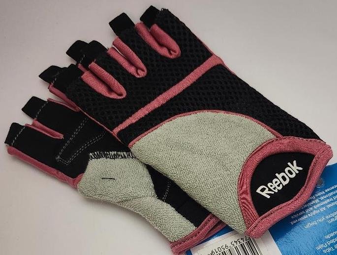 Image 1 of Fitness Gloves Women Pink Black Fingerless Reebok Gloves Small Mesh Terry Cloth