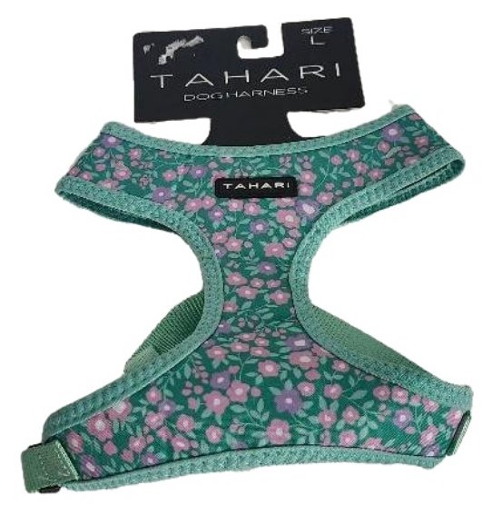 Image 0 of Large Dog Harness Tahari Mint Green Purple Pink Floral Neck 14