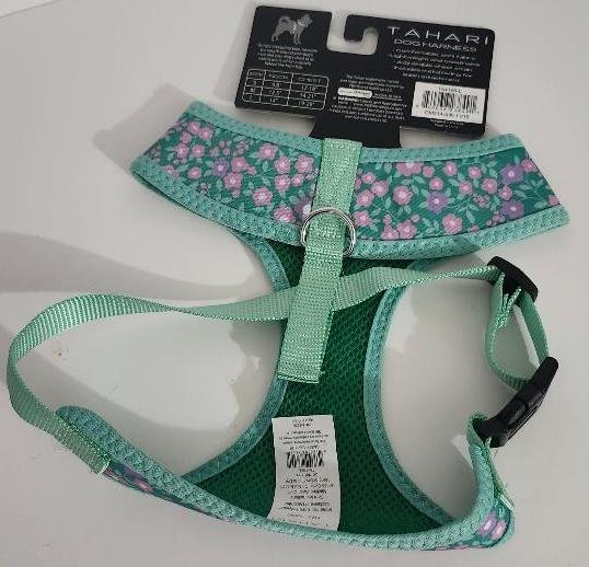 Image 1 of Large Dog Harness Tahari Mint Green Purple Pink Floral Neck 14