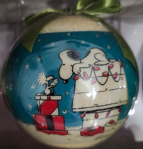 Image 3 of Hallmark Peanuts Charlie Brown Snoopy Round Ball Christmas Ornament Set Schulz