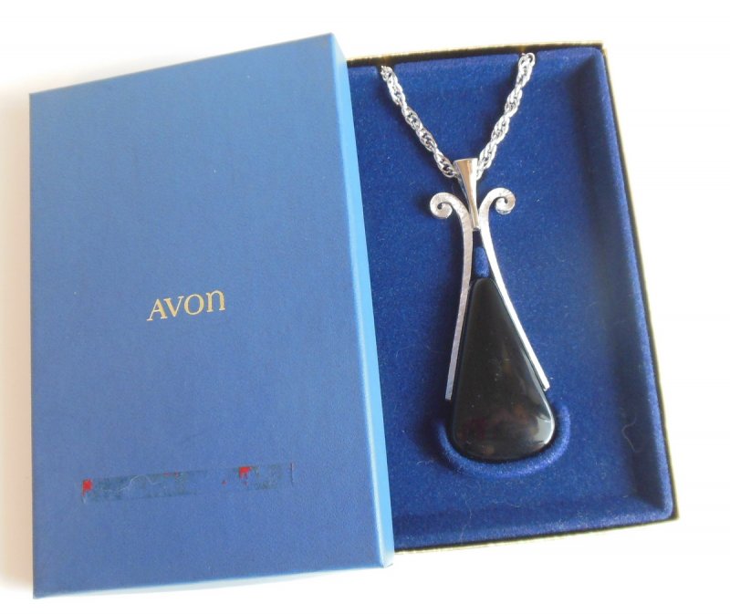 Image 1 of Vintage Avon Necklace Silver A Frame Black Pendant Faux Onyx Lucite Jewelry