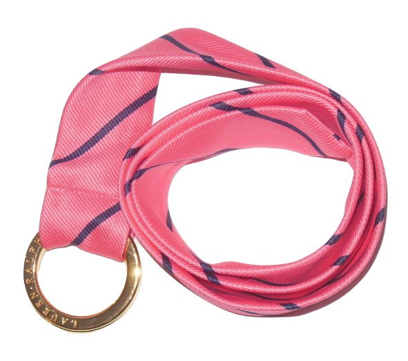 Ralph Lauren Women's O Ring Tie Belt Silky Feel 37 Pink Navy Blue Diagonal