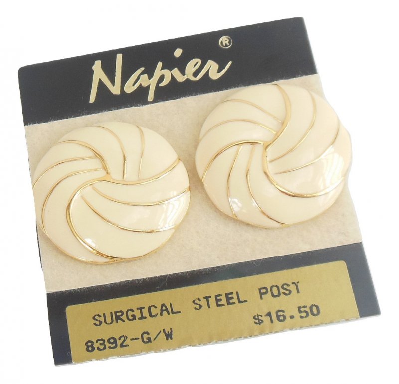 Napier Jewelry Enamel Earrings Swirled Cream Color Pierced Surgical Steel Posts