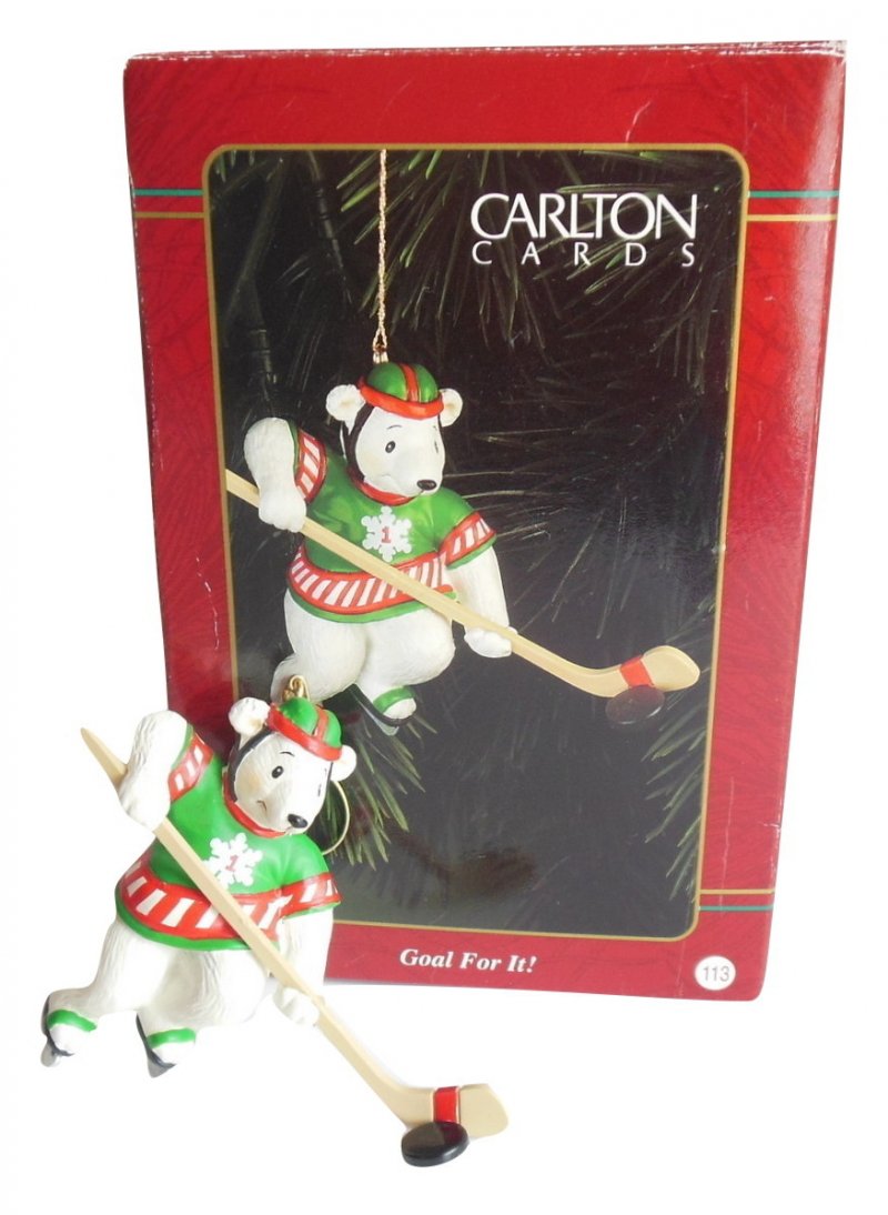 Vintage Carlton Cards Hockey Christmas Ornament Goal For It Polar Bear Ice Sport