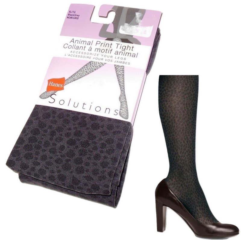 Hanes Solutions Animal Print Tights Black Gray Combo XL Leopard Pattern Hosiery