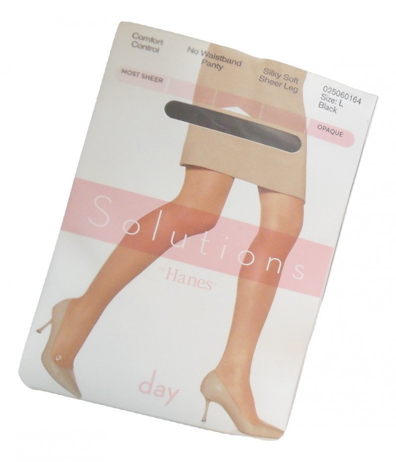Hanes Solutions Pantyhose L Black No waistband Panty Silky Sheer Leg Hosiery