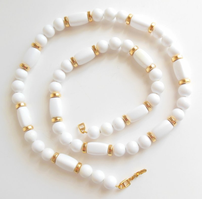 Vintage Napier white Necklace Long Bead Necklace 31 Single Strand Gold Tone