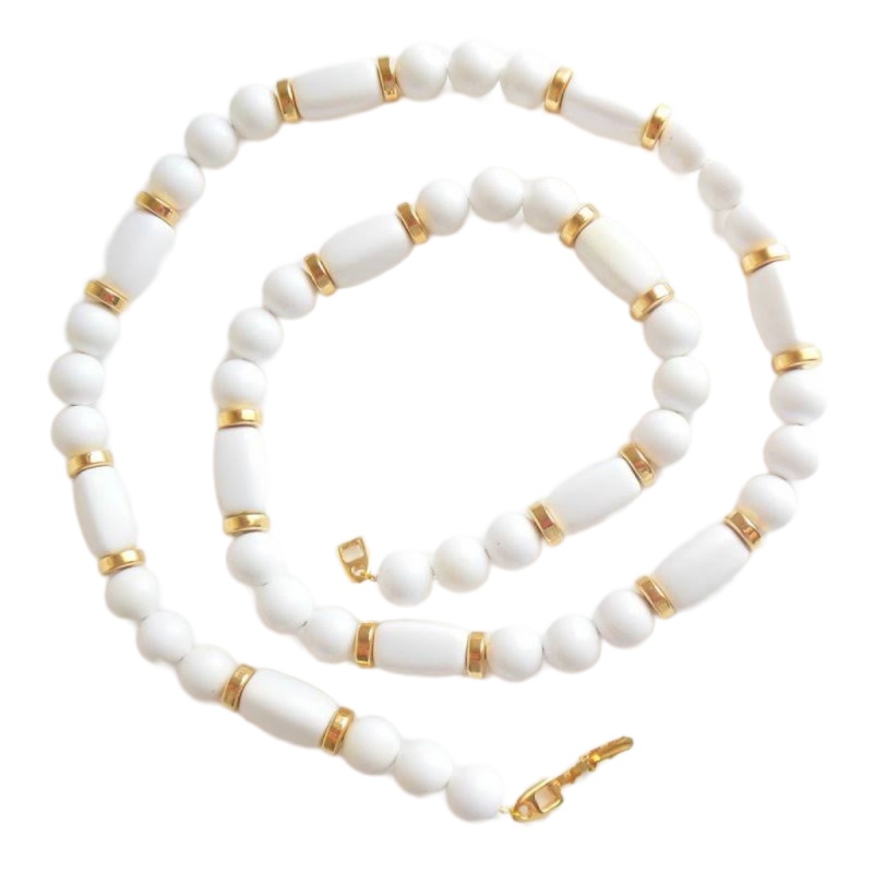 Vintage Napier white Necklace Long Bead Necklace 31 Single Strand Gold Tone