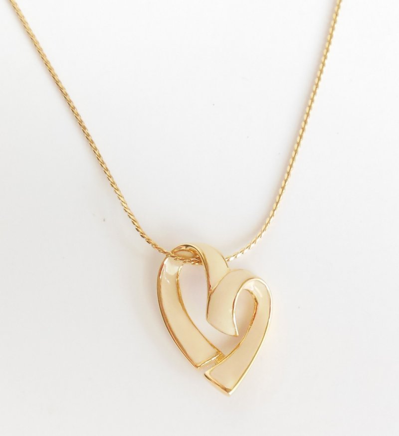 Monet Cream Heart Vermeil Enamel Necklace Vintage Yellow Designer Signed Jewelry