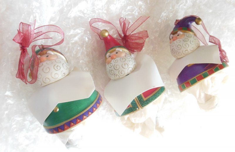 Image 1 of Set of 3 Jolly Santa Bells Hallmark Ornaments QX8915 Purple Green Red Vintage