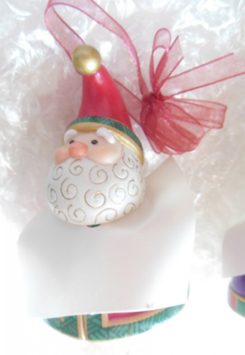 Image 2 of Set of 3 Jolly Santa Bells Hallmark Ornaments QX8915 Purple Green Red Vintage