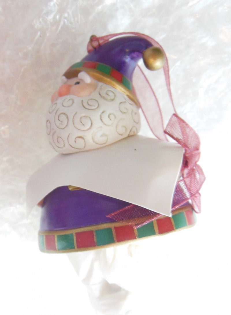 Image 3 of Set of 3 Jolly Santa Bells Hallmark Ornaments QX8915 Purple Green Red Vintage