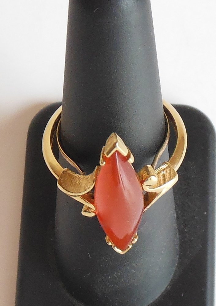 Image 1 of Vintage Avon Earthstone Orange Ring Adjustable 8 9 Elongated Navette Gold Ring
