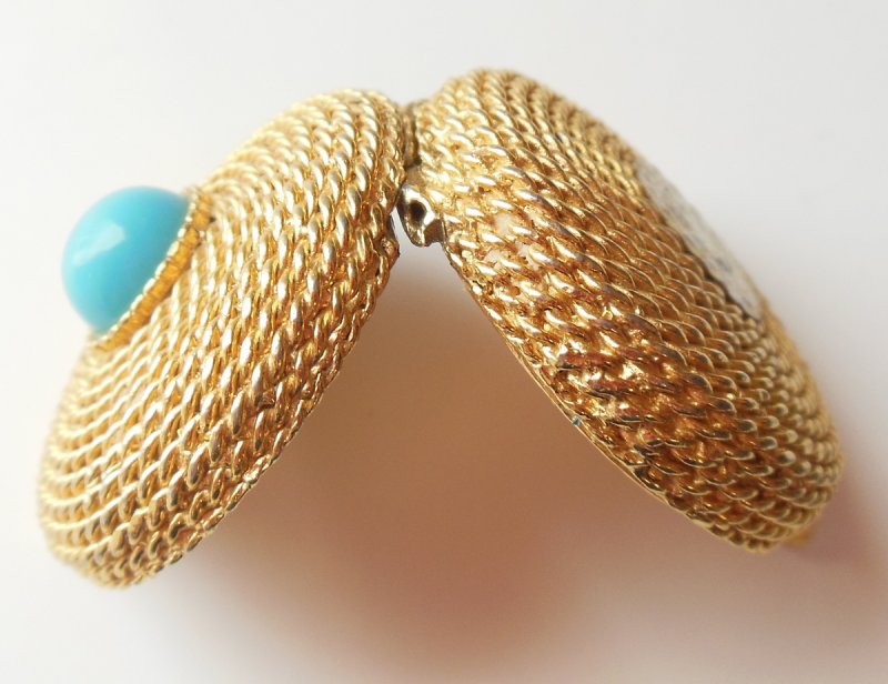Image 2 of Vintage gold tone braided faux turquoise Estee Lauder compact perfume pill box