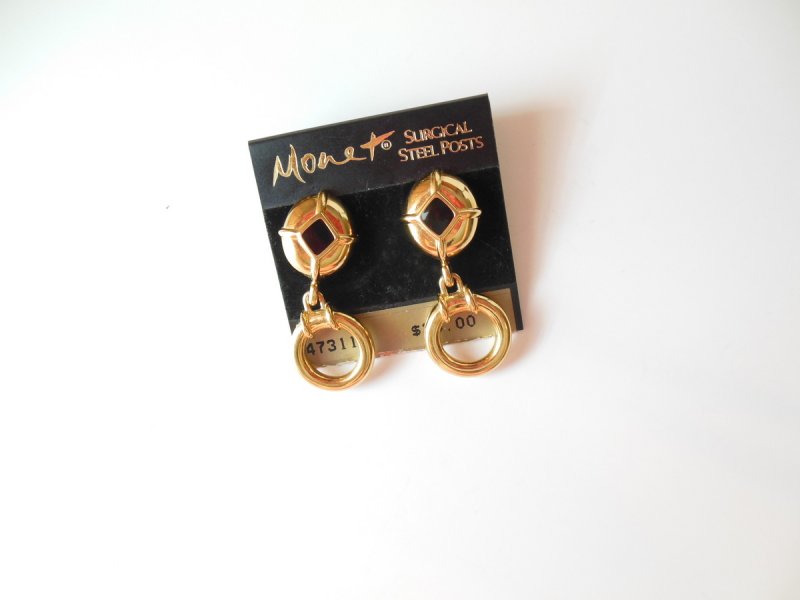 Image 2 of Monet Vintage Door Knocker Earrings Gold Black Dangle Jewelry Surgical Steel