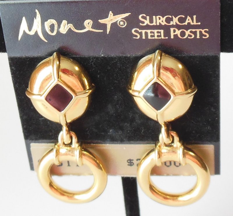 Image 3 of Monet Vintage Door Knocker Earrings Gold Black Dangle Jewelry Surgical Steel