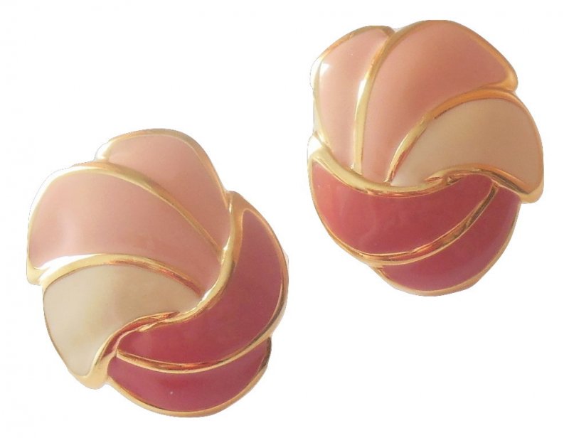 Image 0 of Vintage Napier Clip On Earrings Enamel Jewelry Creamy Pink Swirled Seashell