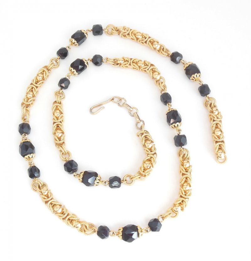 Image 1 of Coro Vintage Gold Black Necklace Intertwined circular Rope Chain Faceted Beads
