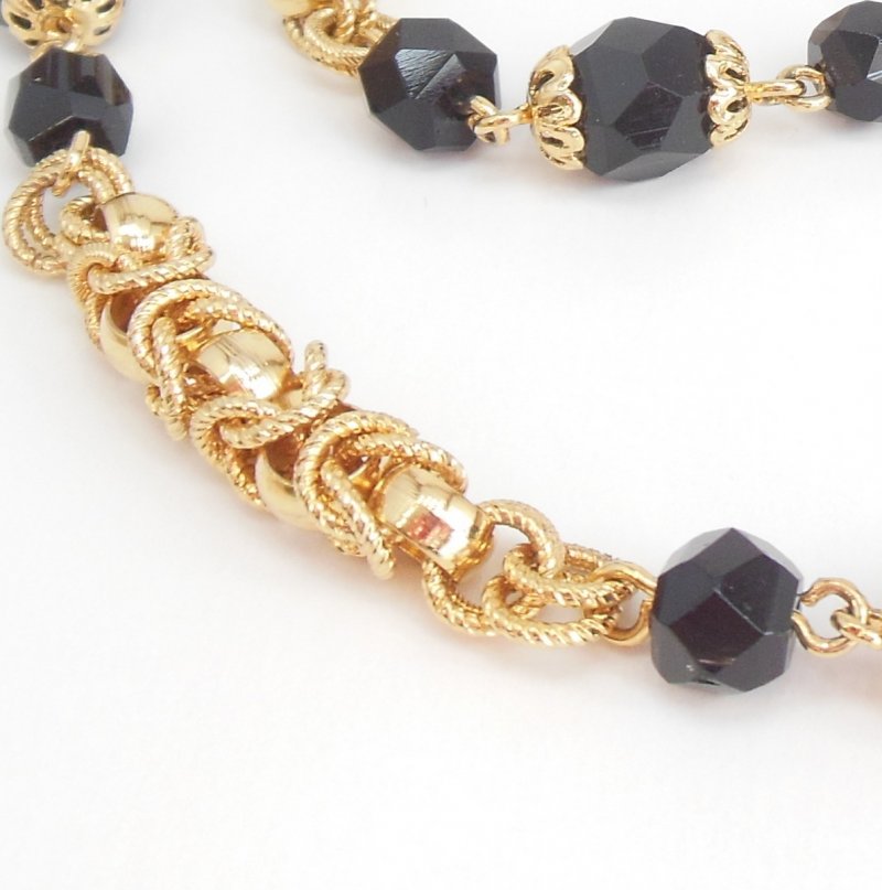 Image 2 of Coro Vintage Gold Black Necklace Intertwined circular Rope Chain Faceted Beads