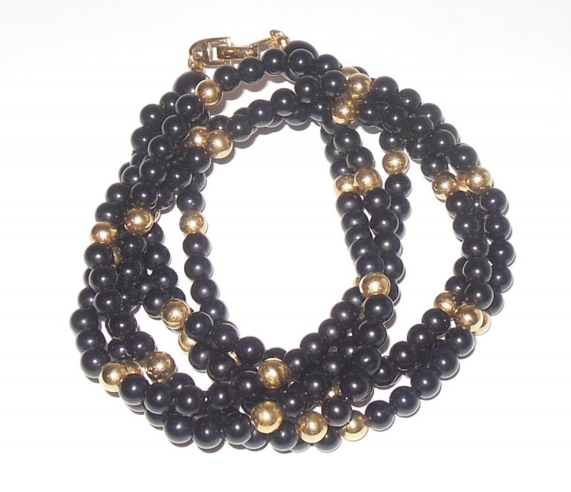 Vintage Napier Twisted Rope Nekclace Black Gold Round Beads Costume Jewelry