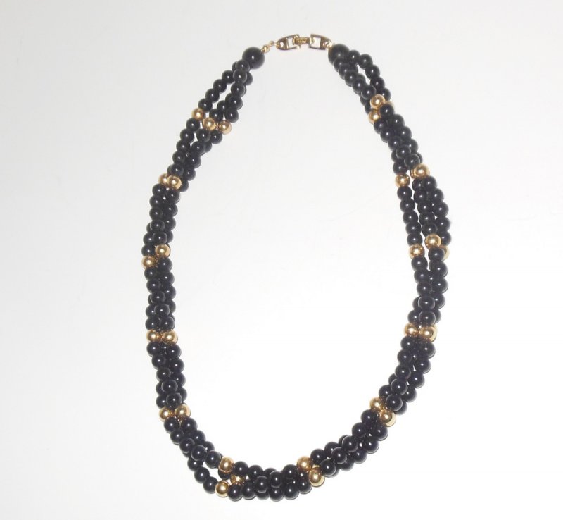 Image 1 of Vintage Napier Twisted Rope Nekclace Black Gold Round Beads Costume Jewelry