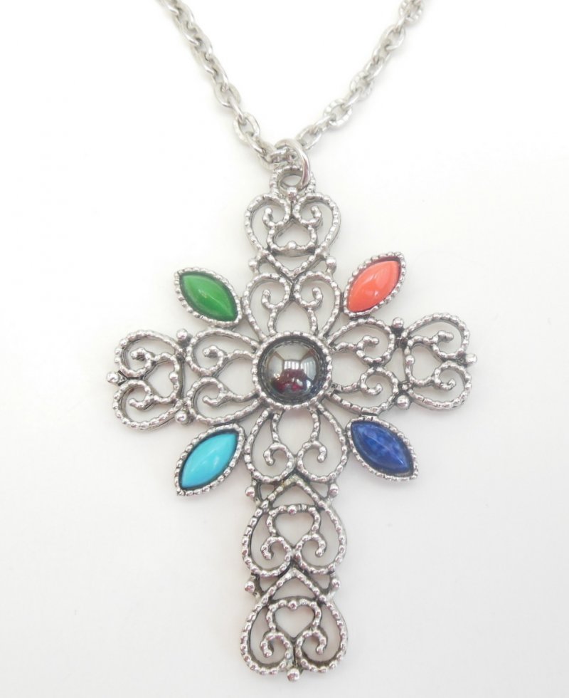 Vintage Romanesque Avon Necklace Silver Tone Cross Jewelry Hematite Cabochons