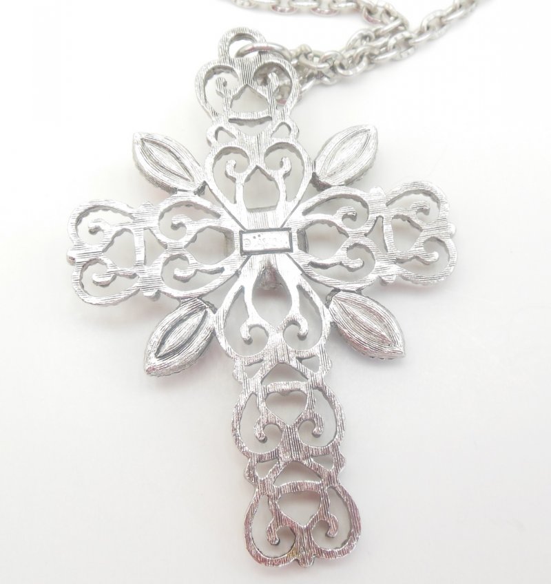 Image 1 of Vintage Romanesque Avon Necklace Silver Tone Cross Jewelry Hematite Cabochons
