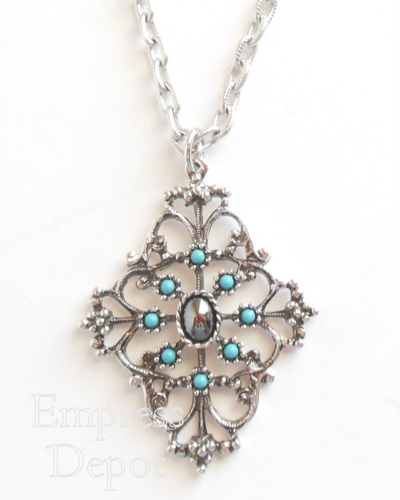 Vintage Avon Jewelry Hematite Mirabella Necklace Link Chain Blue Medallion